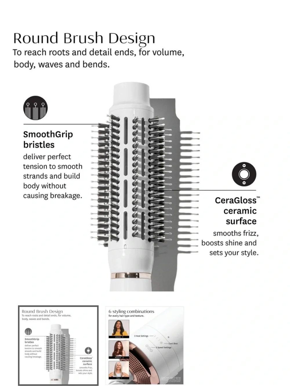 T3 Dual-Head Hot Air Styling Brush in White with Rose Gold Trim